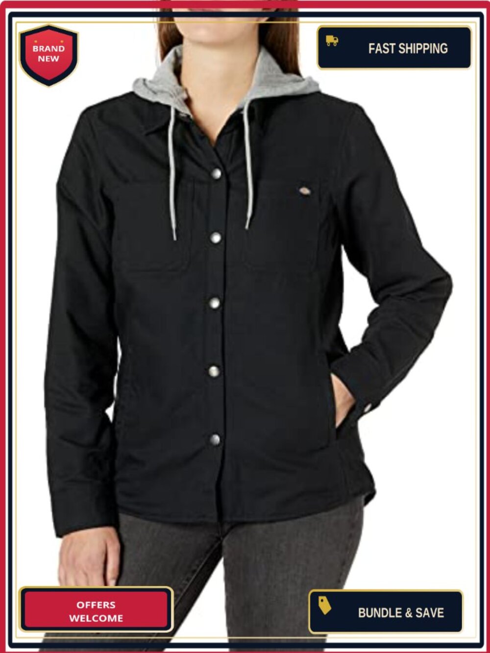 Water Repellent Duck Fabric Hooded Shirt Jacket for Women with Snap Closures